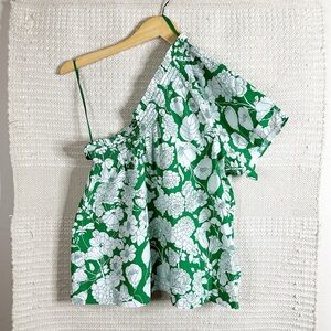 J. CREW Kelly green floral smocked one shoulder top S